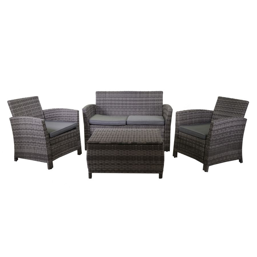 SALOTTO DA GIARDINO TULSA IN POLYRATTAN GRIGIO CON TAVOLO + BAULE CUSCINI INCLUSI