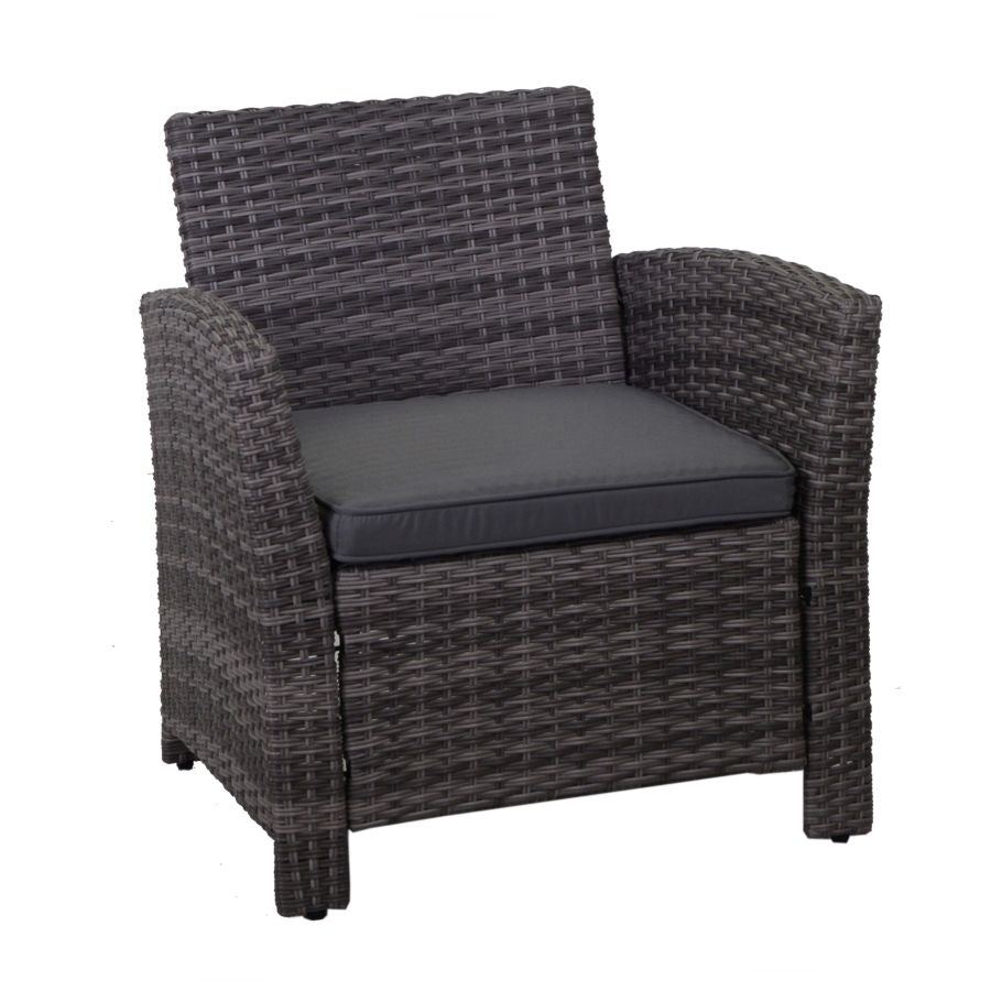 SALOTTO DA GIARDINO TULSA IN POLYRATTAN GRIGIO CON TAVOLO + BAULE CUSCINI INCLUSI