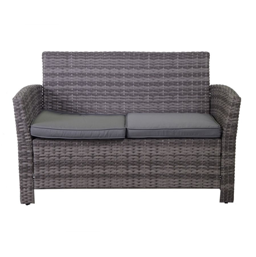 SALOTTO DA GIARDINO TULSA IN POLYRATTAN GRIGIO CON TAVOLO + BAULE CUSCINI INCLUSI