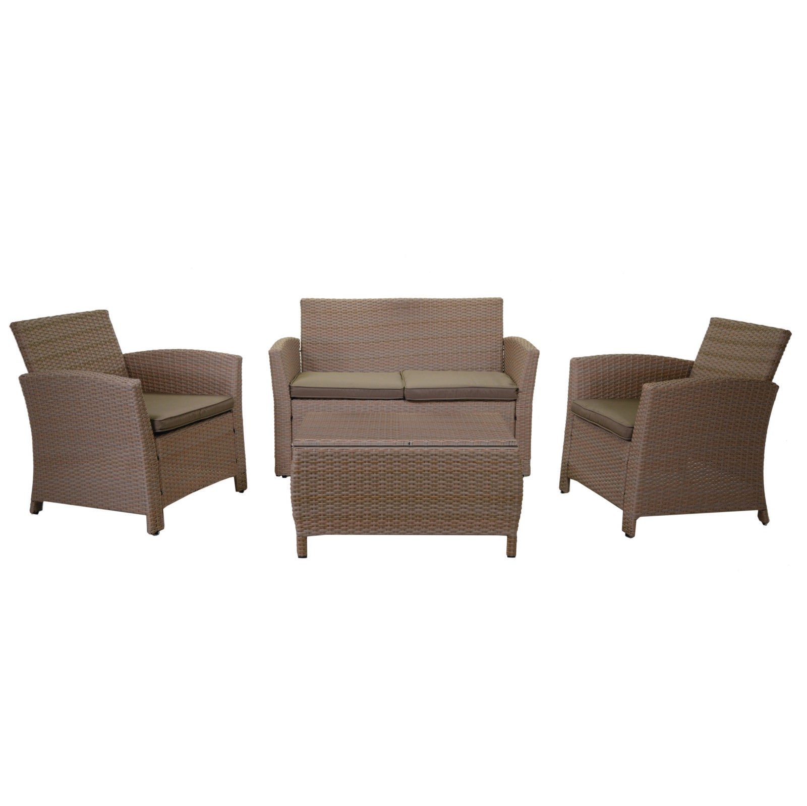 SALOTTO DA GIARDINO TULSA IN POLYRATTAN MARRONE CON TAVOLO + BAULE CUSCINI INCLUSI