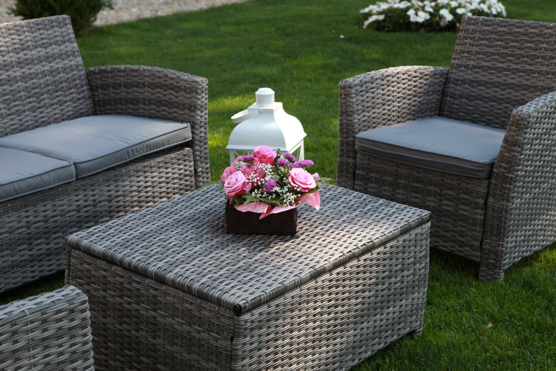 SALOTTO DA GIARDINO TULSA IN POLYRATTAN GRIGIO CON TAVOLO + BAULE CUSCINI INCLUSI
