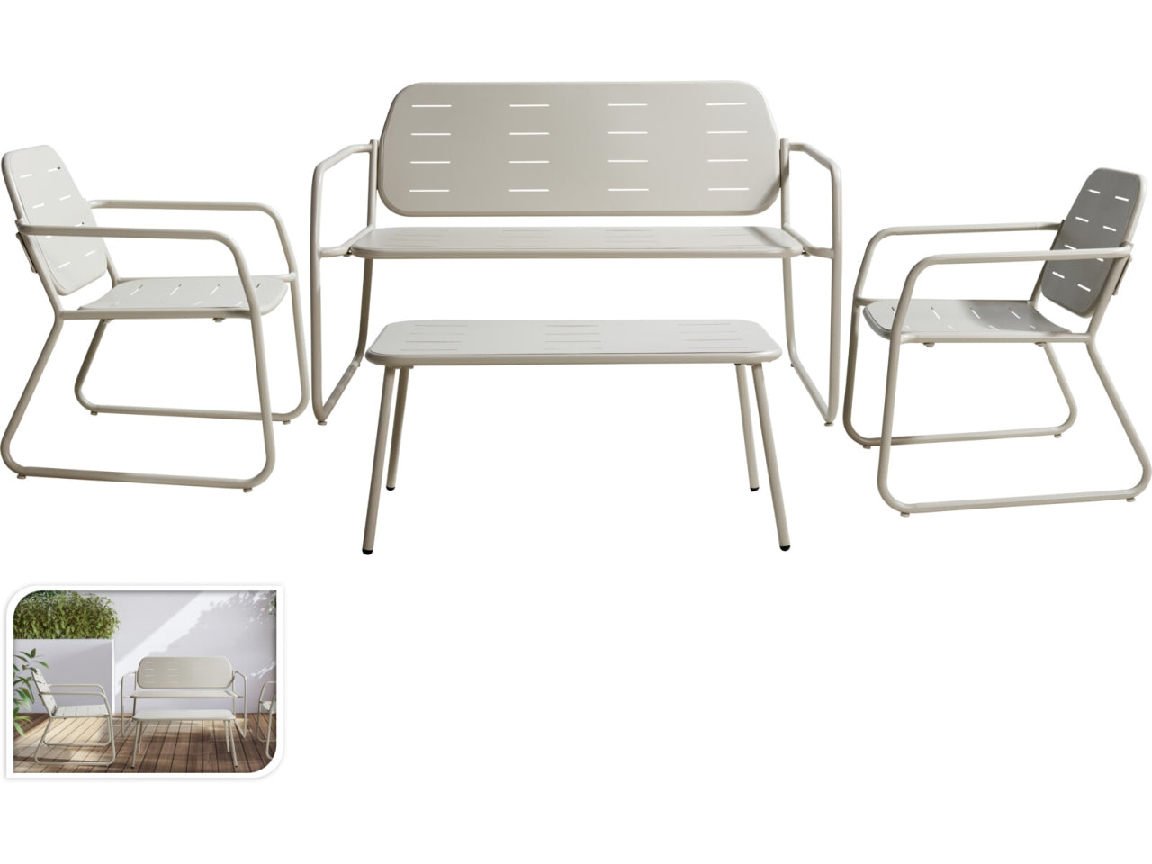 Set Giardino con 2 Sedie 1 Panchina e 1 Tavolino Ecru PERAGA HOME
