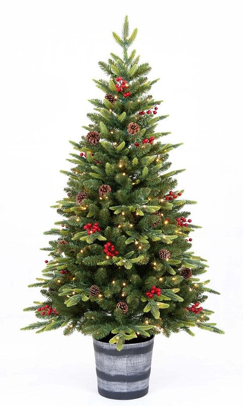 PINETTO VERDE CON 150 LED BACCHE E PIGNE 120CM VASO TONDO