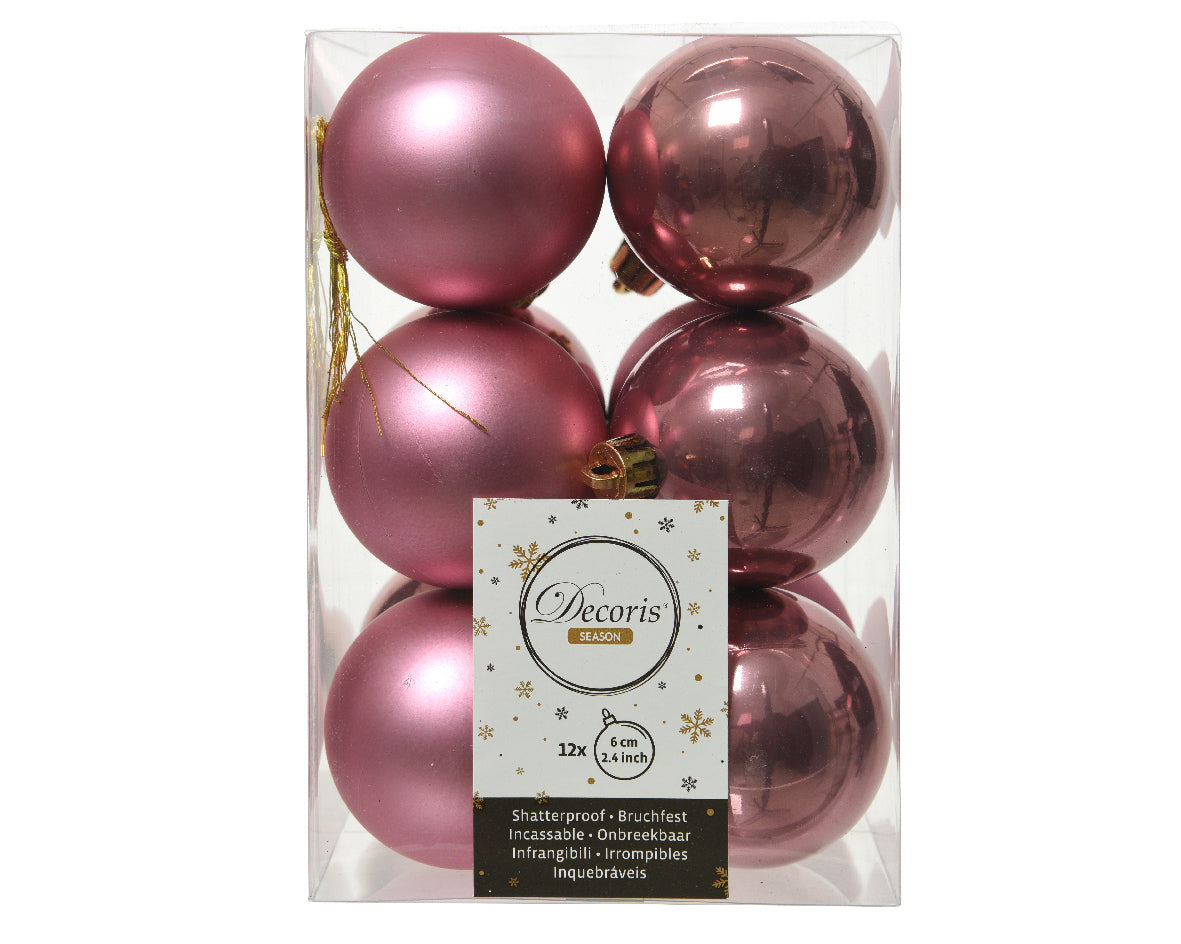 12 PALLINE DI NATALE 6 CM COLOR ROSA VELLUTO OPACO/LUCIDO