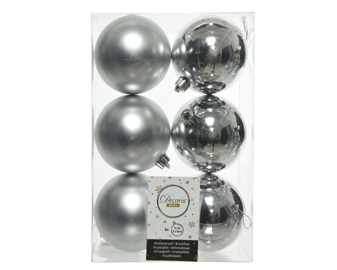 6 PALLINE 8CM ARGENTO OPACO/LUCIDO
