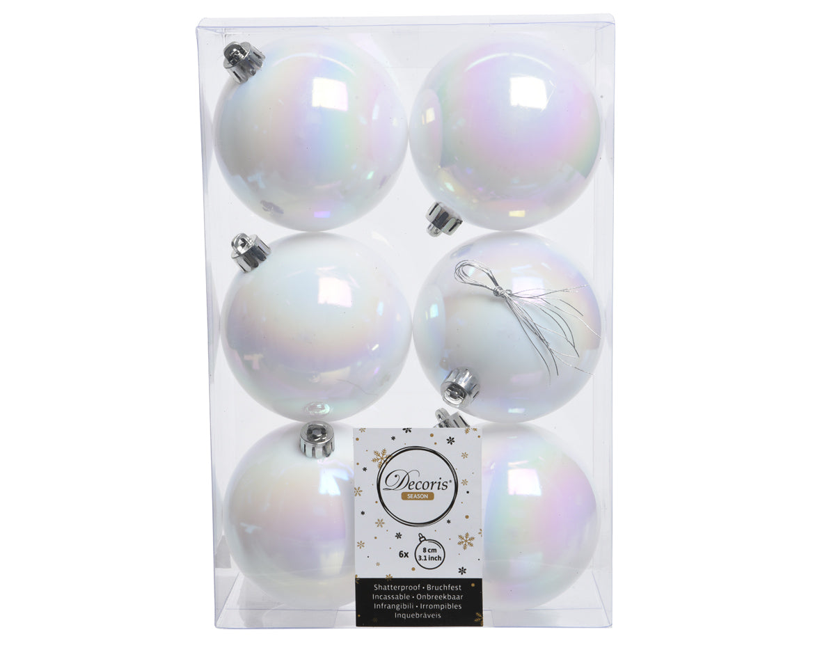 6 PALLINE 8 CM BIANCO IRIDESCENTE