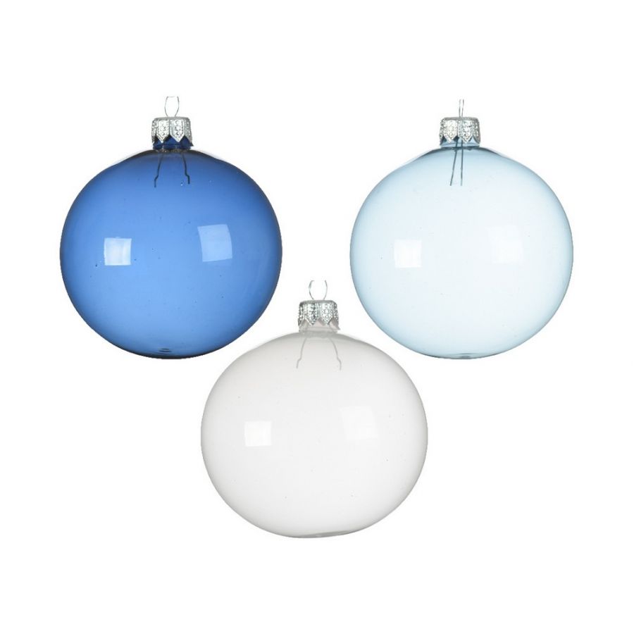 1 PALLINA IN VETRO TRASPARENTE BIANCO AZZURRO BLU ASSORTITO 8CM