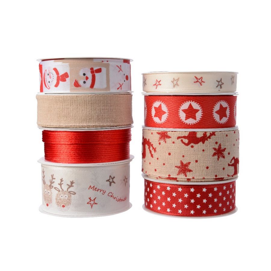 NASTRO NATALIZIO PER PACCHI RAGALO BEIGE/STELLE/ROSSO/RENNE ASSORTITO