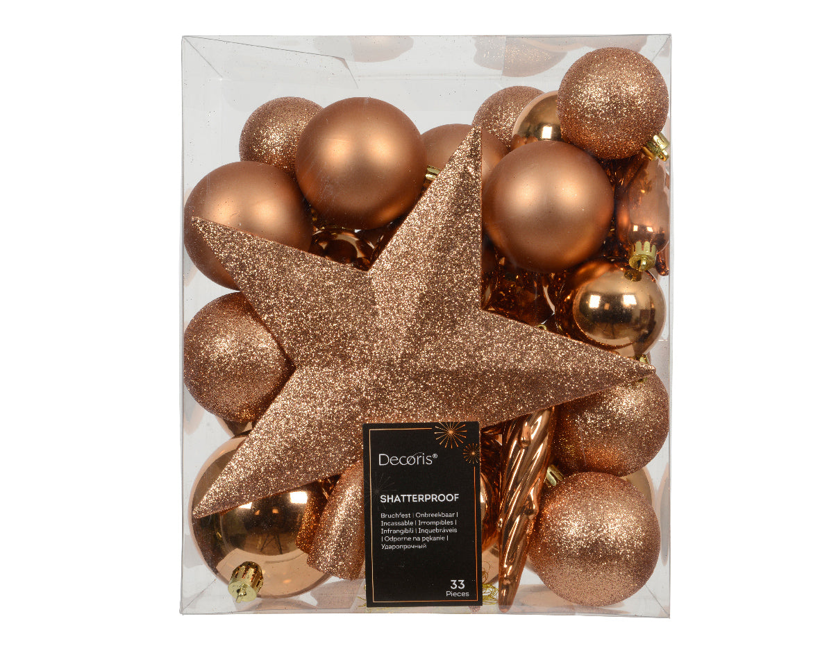 Confezione 33 palline di natale Miste Brandy 8cm con puntale a stella