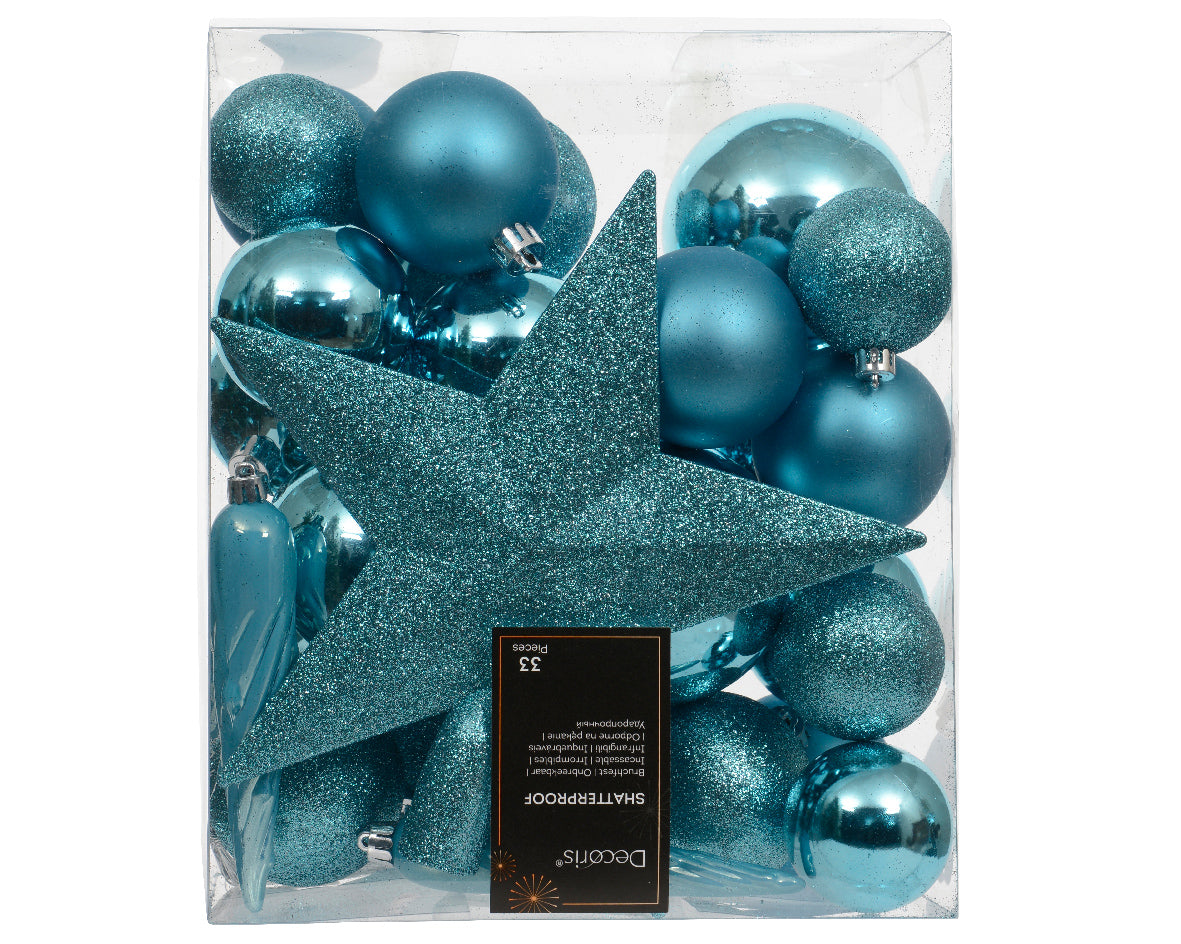 Confezione 33 palline di natale Miste Blu 8cm con puntale a stella