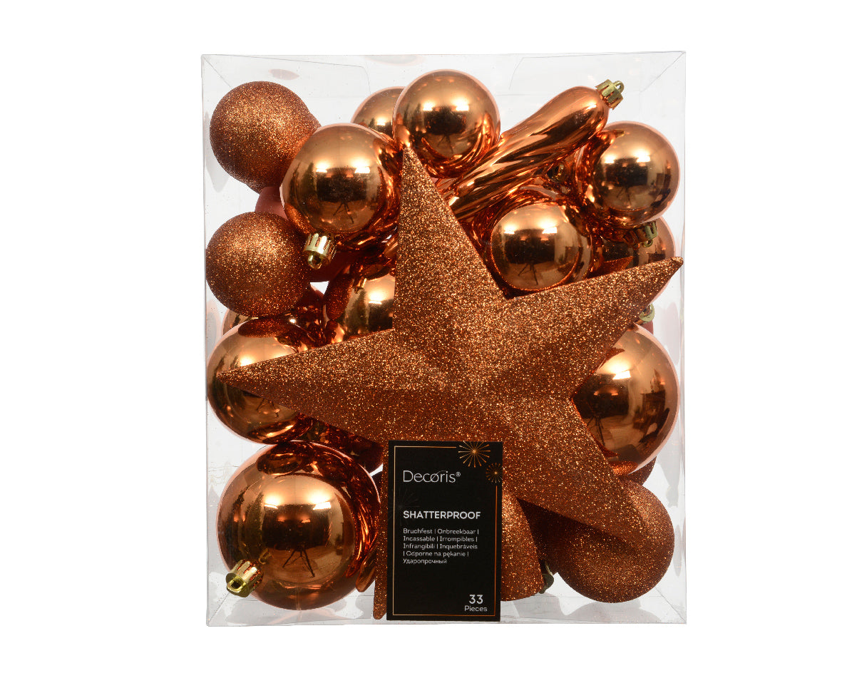 Confezione 33 palline di natale Miste Arancione 8cm e puntale a stella