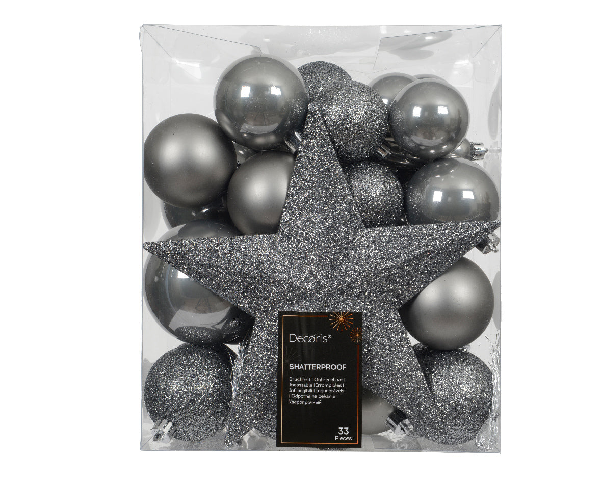Confezione 33 palline di natale Miste Grigie 8cm con puntale a stella