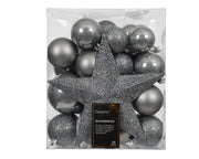 Confezione 33 palline di natale Miste Grigie 8cm con puntale a stella