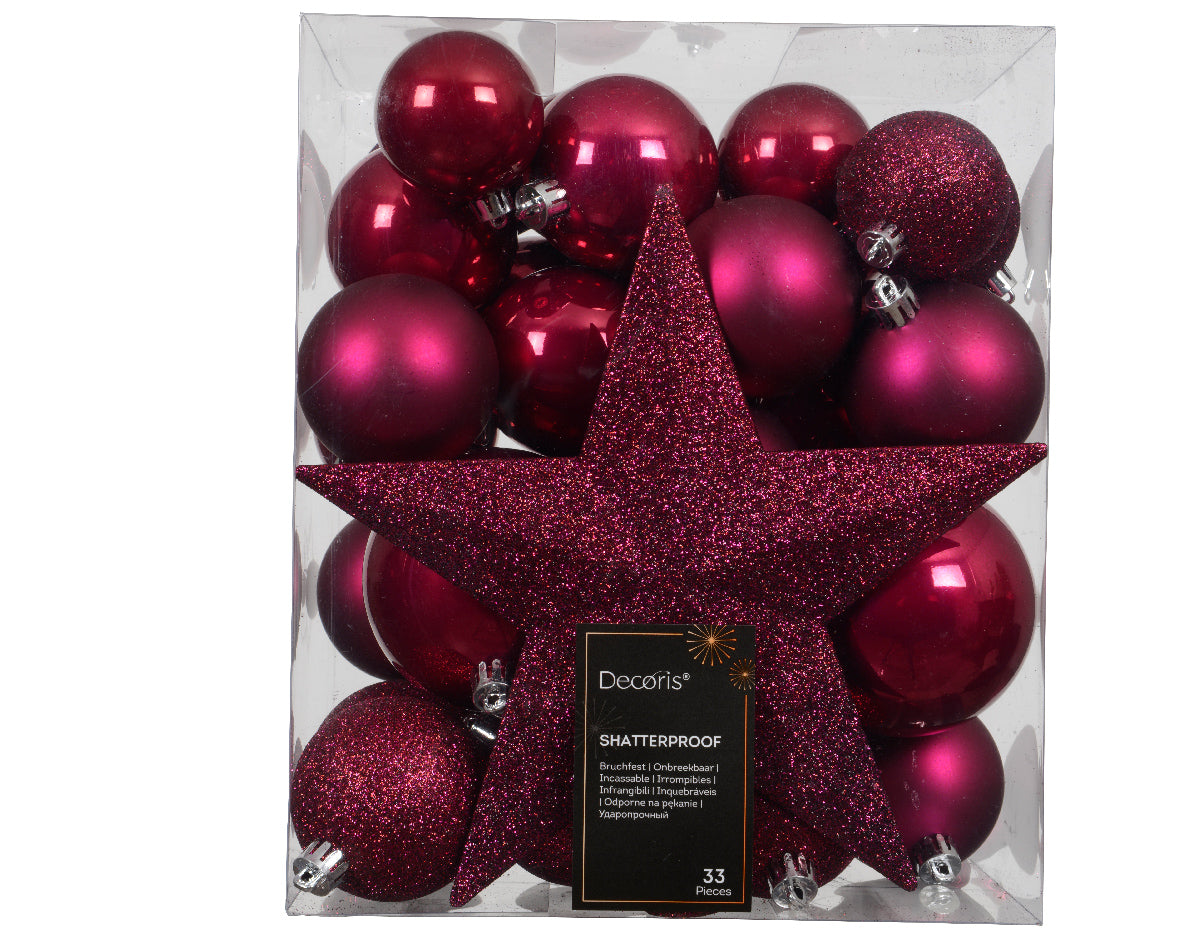Confezione 33 palline di natale Miste Rosa 8cm e puntale a stella