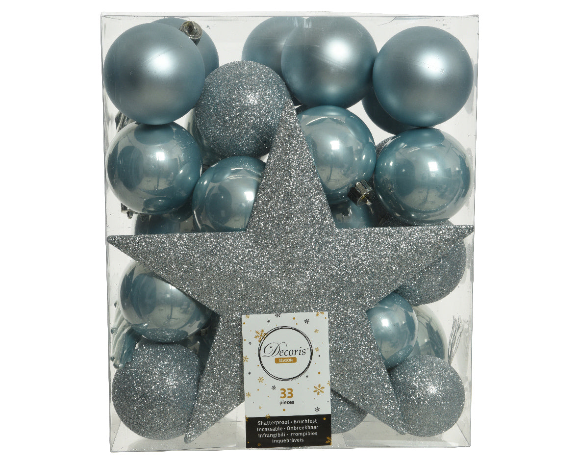 33 PALLINE DI NATALE 8CM+PUNTALE AZZURRO