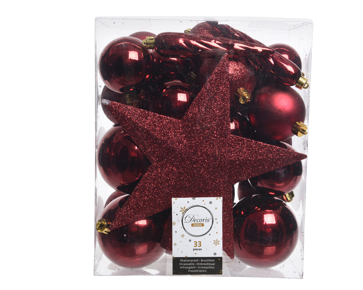 33 PALLINE DI NATALE 8CM+PUNTALE ROSSO SANGUE