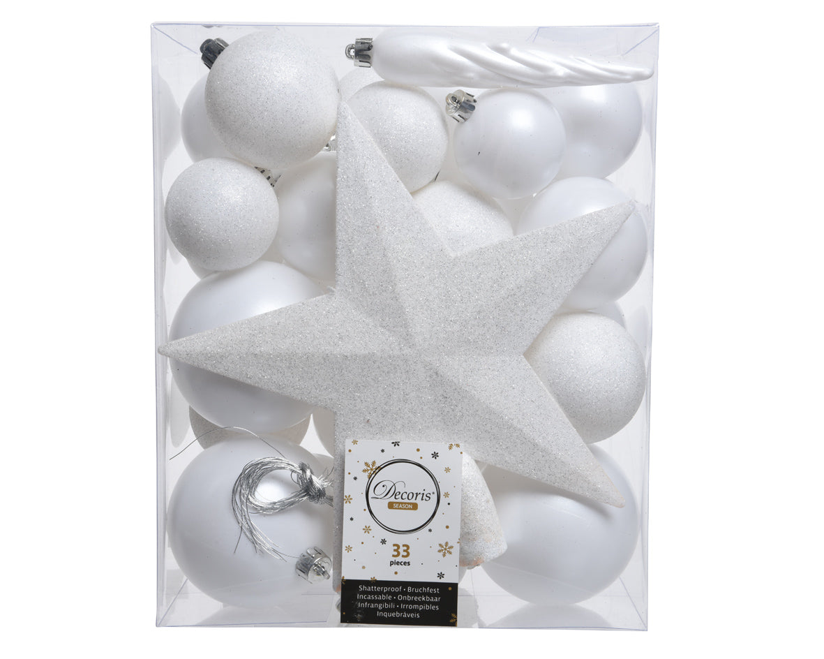 33 PALLINE DI NATALE+PUNTALE BIANCO INVERNO ASSORTITE