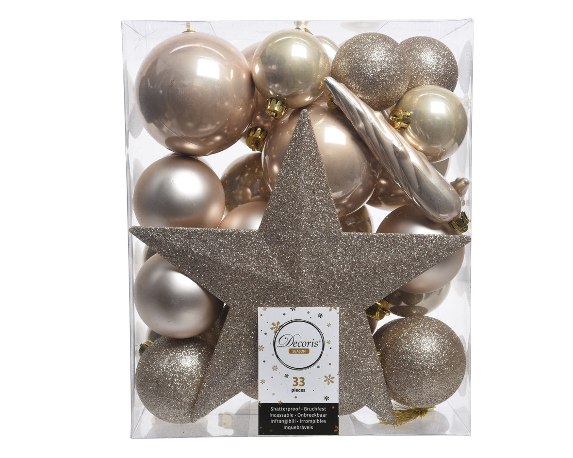 33 PALLINE DI NATALE+PUNTALE PERLA ASSORTITE
