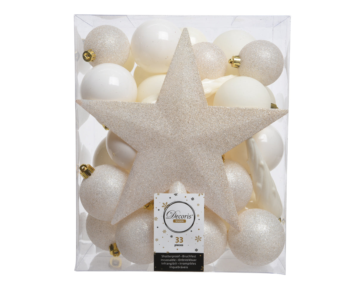 33 PALLINE DI NATALE+PUNTALE BIANCO LANA ASSORTITE