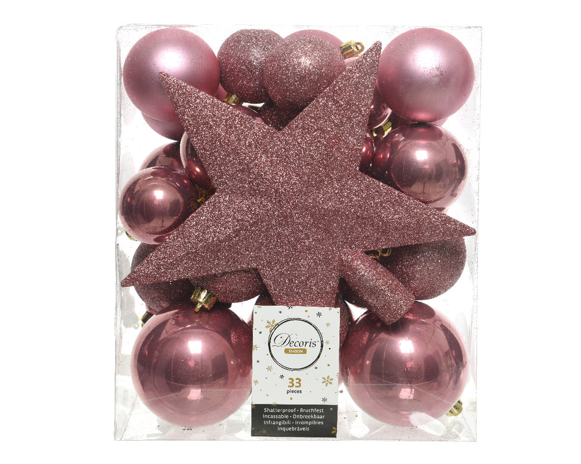 33 PALLINE DI NATALE+PUNTALE ROSA VELLUTO ASSORTITE