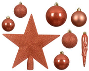 CONFEZIONE CON 33 ADDOBBI E PUNTALE PER ALBERO, COLOR BRONZO