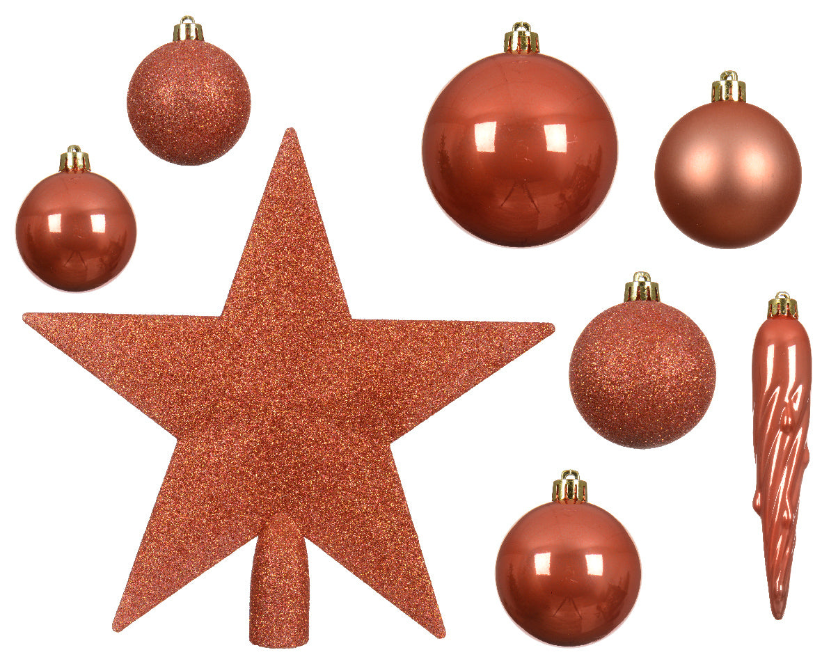 CONFEZIONE CON 33 ADDOBBI E PUNTALE PER ALBERO, COLOR BRONZO