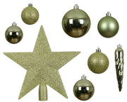 CONFEZIONE CON 33 ADDOBBI E PUNTALE PER ALBERO DI NATALE, COLORE VERDE