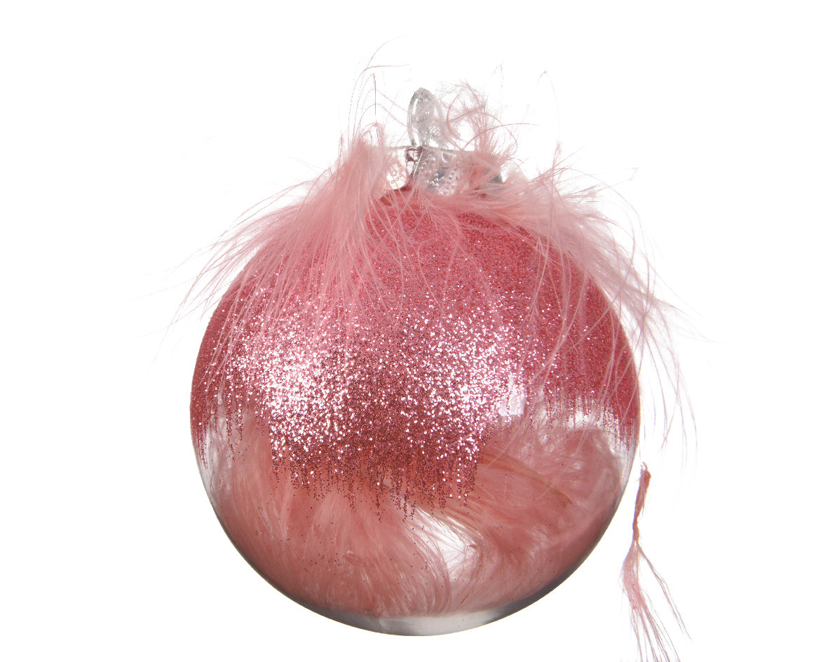 OFFERTA 4 PALLINE 8CM ROSA TRASPARENTE CON PIUME E GLITTER