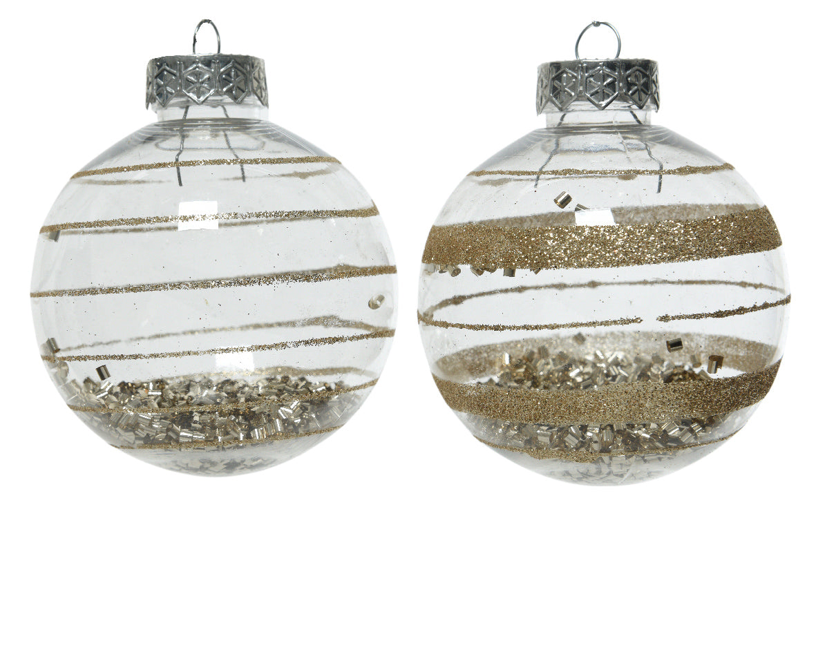 PALLINA NATALIZIA 8CM TRASPARENTE/BEIGE CON DECORAZIONE GLITTER ASSORTITA