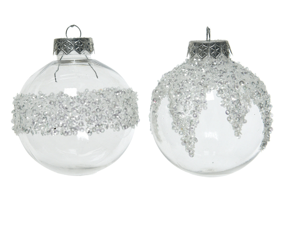PALLINA NATALIZIA 8CM TRASPARENTE/ARGENTO CON DECORAZIONI ASSORTITA