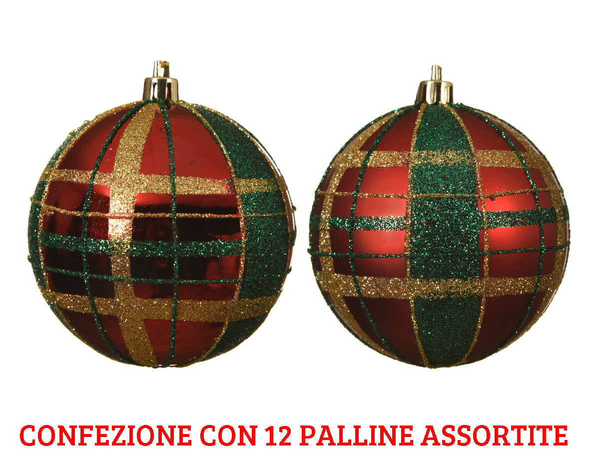 12 PALLINE NATALIZIE SCOZZESI ROSSE/VERDI 8 CM ASSORTITE