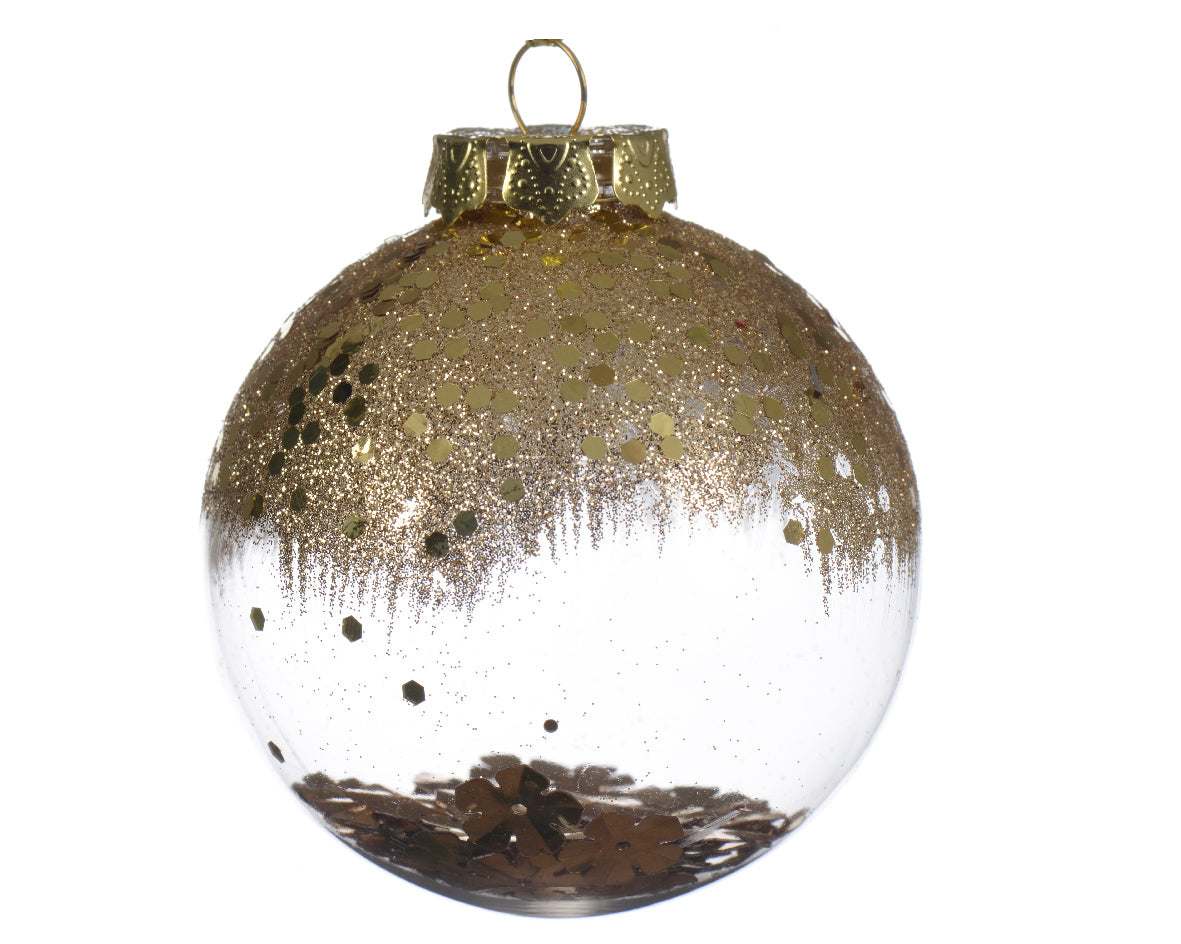 PALLINA NATALIZIA 8CM TRASPARENTE/ORO CON DECORAZIONE GLITTER