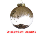 12 PALLINE TRASPARENTI CON FIORI E LUSTRINI ORO 8 CM