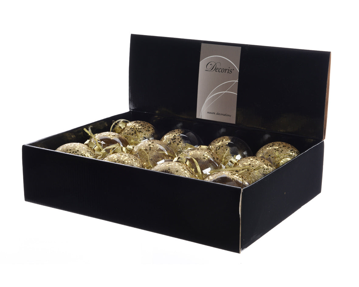 12 PALLINE TRASPARENTI CON FIORI E LUSTRINI ORO 8 CM