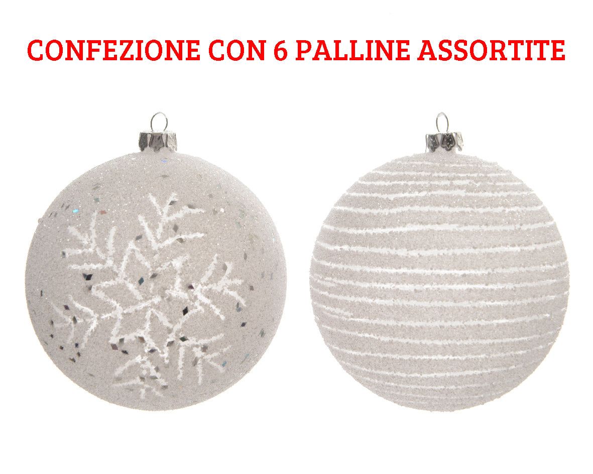 6 PALLINE DI NATALE 8 CM BIANCO INVERNO DECORAZIONI ASSORTITE