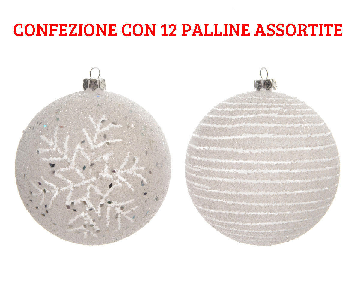 12 PALLINE DI NATALE 8 CM BIANCO INVERNO DECORAZIONI ASSORTITE