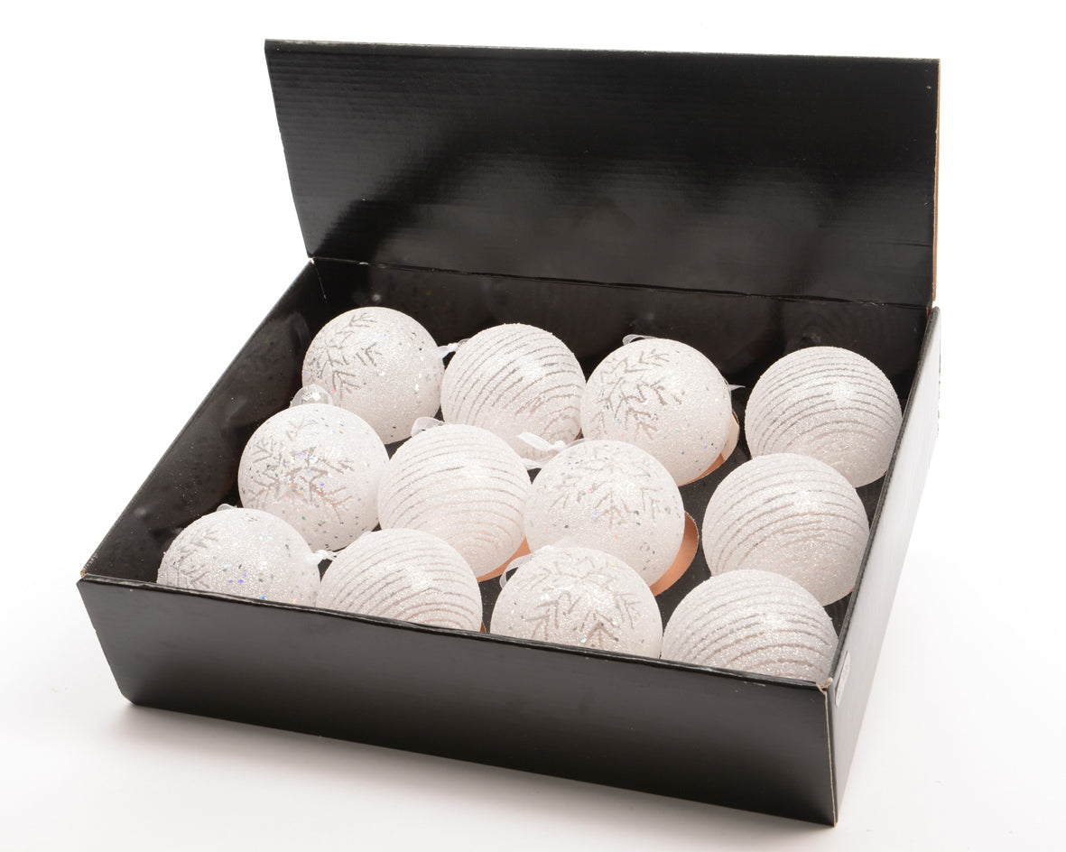 12 PALLINE DI NATALE 8 CM BIANCO INVERNO DECORAZIONI ASSORTITE