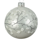 PALLINA DI NATALE IN VETRO BIANCO OPACO DECORAZIONE FIORI DI CILIEGIO 7.6CM