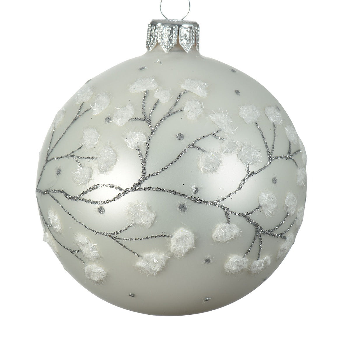 PALLINA DI NATALE IN VETRO BIANCO OPACO DECORAZIONE FIORI DI CILIEGIO 7.6CM