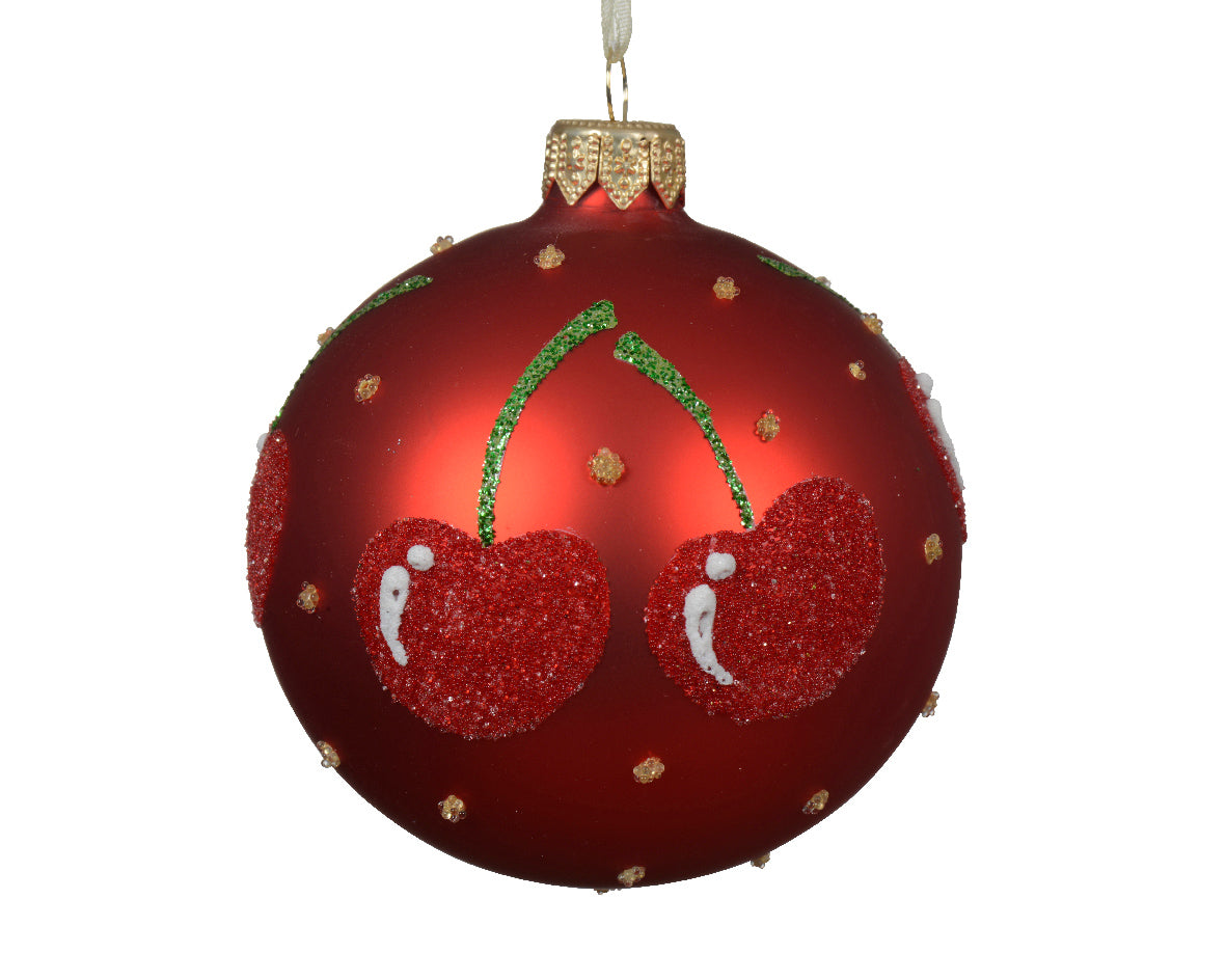 PALLINA DI NATALE DI VETRO, CON CILIEGIA, Ø8 CM, COLORE ROSSO