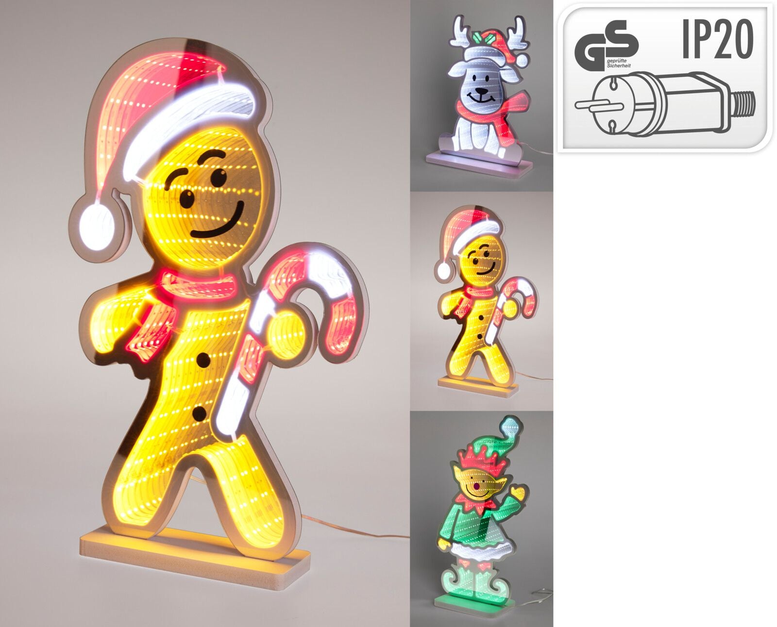 Figura natalizia a specchio con LED modello assortito, altezza 37 cm, colori giallo/verde/blu