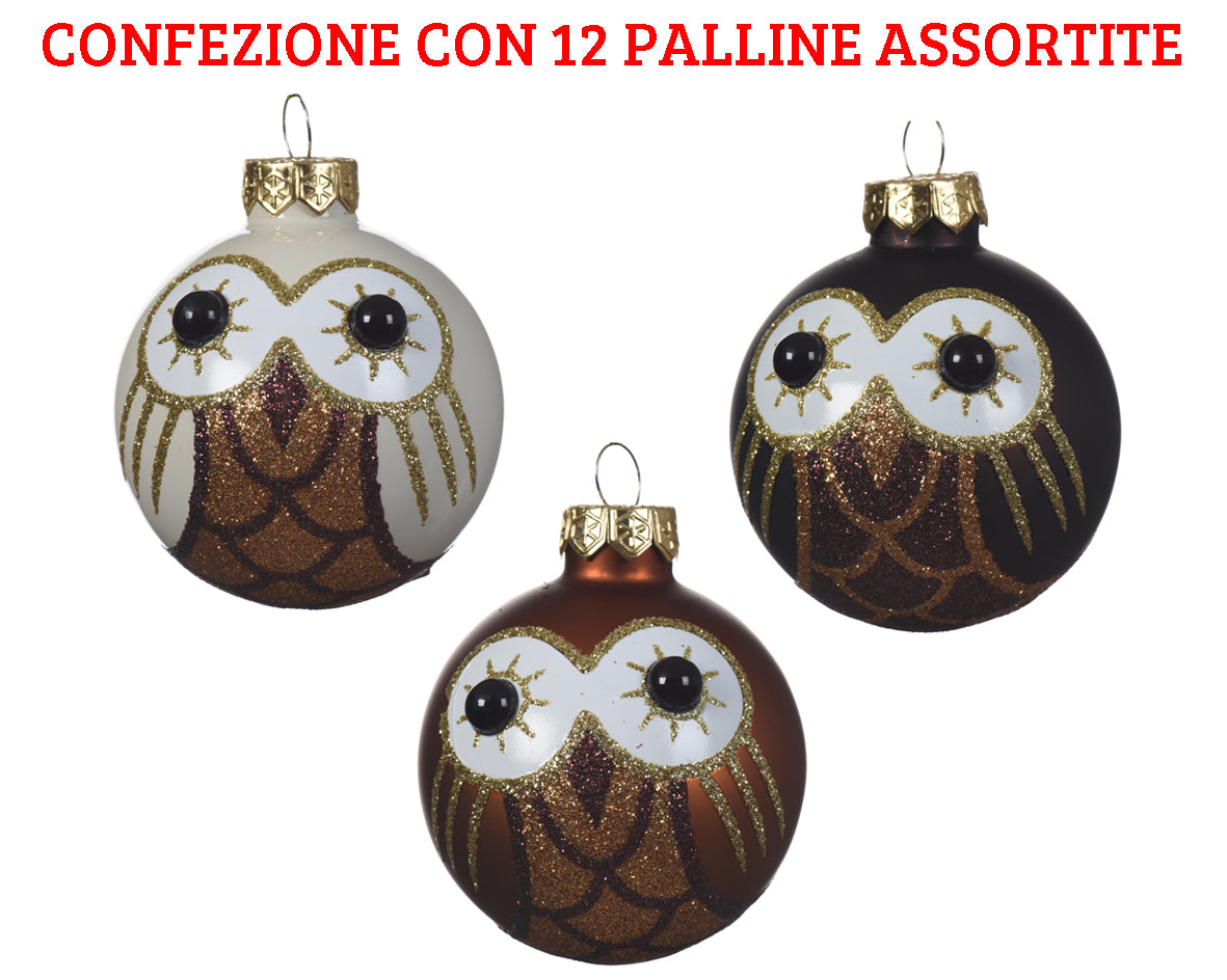 12 PALLINE DI NATALE 6 CM GUFETTI BIANCO LANA/CIOCCOLATO/CARAMELLO ASSORTITE
