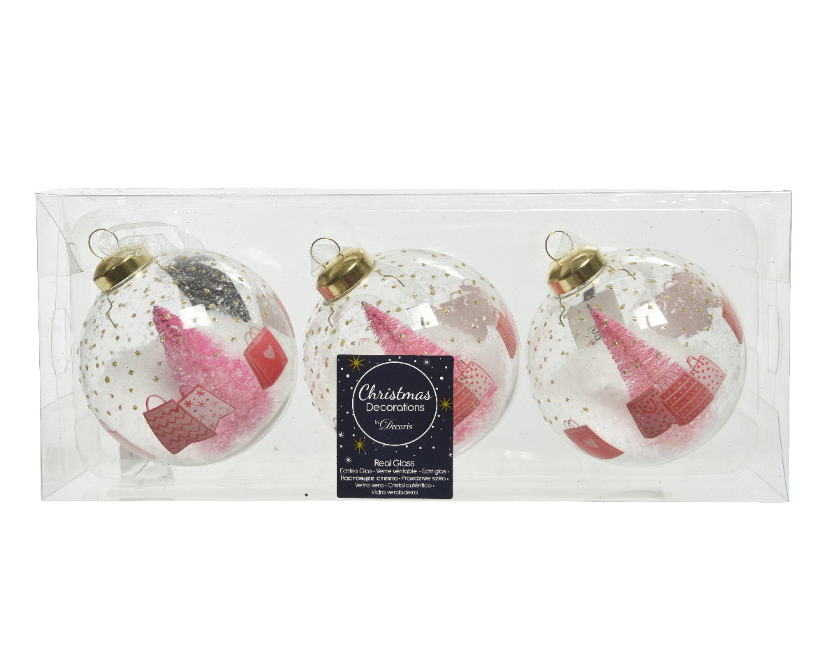 1 PALLINA DI NATALE TRASPARENTI CON DECORAZIONE ROSA NATALIZIA 8CM