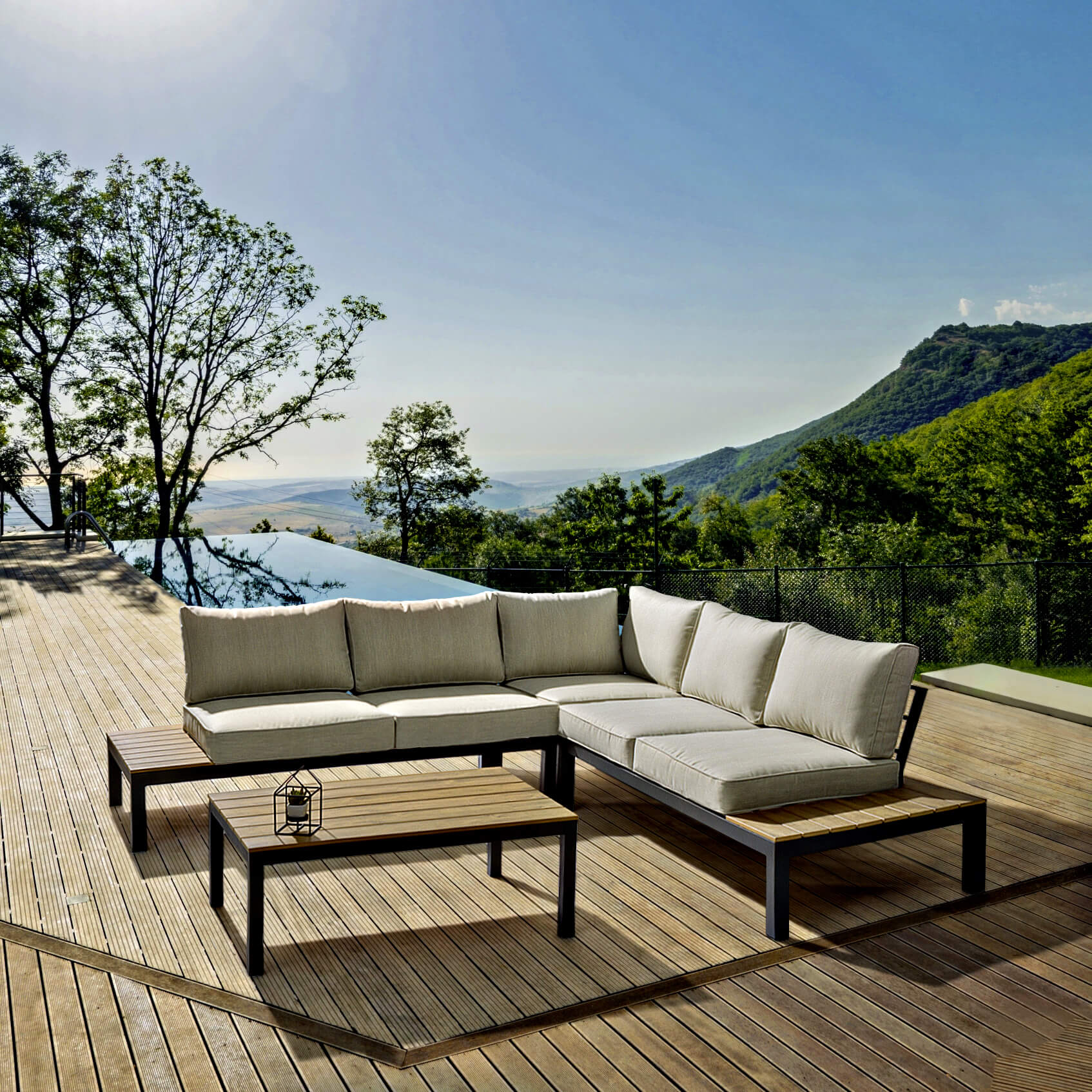 SET SALOTTO DA GIARDINO ANGOLARE CON CUSCINI ANTRACITE ELIAS