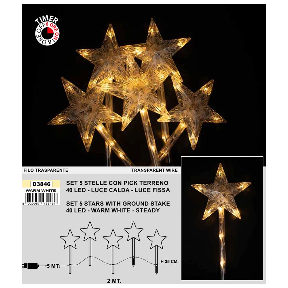 Set 5 Pick Stelle con LED H. 35/40 cm