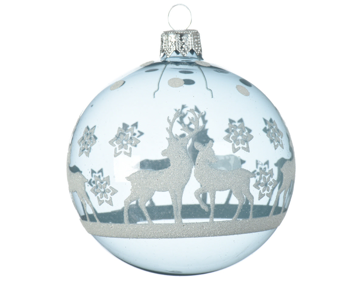 1 PALLINA DI NATALE TRASPARENTE CON DECORAZIONI BIANCHE 8CM