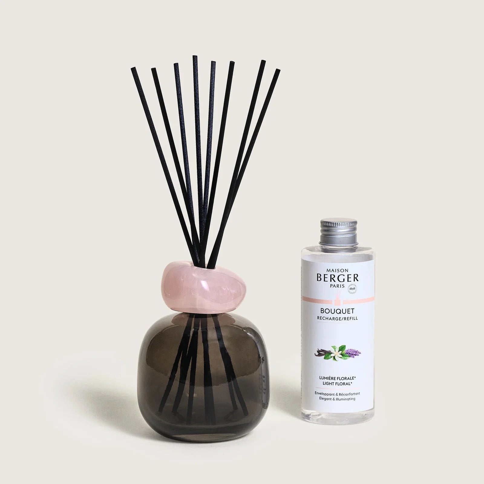 Diffusore a Bastoncini Bouquet MINERALE Rose 180ml Lumière Florale H24cm Nero Quarzo Rosa Maison Berger
