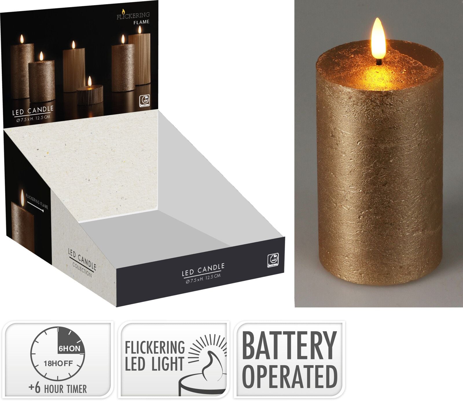 Candela decorativa a LED, 75x125 mm, colore oro, con timer