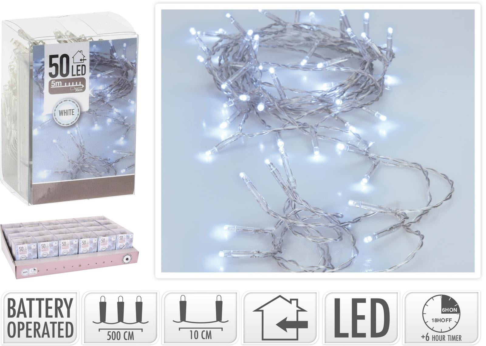 50 LED COLORATI CON TIMER A BATTERIA BIANCO FREDDO