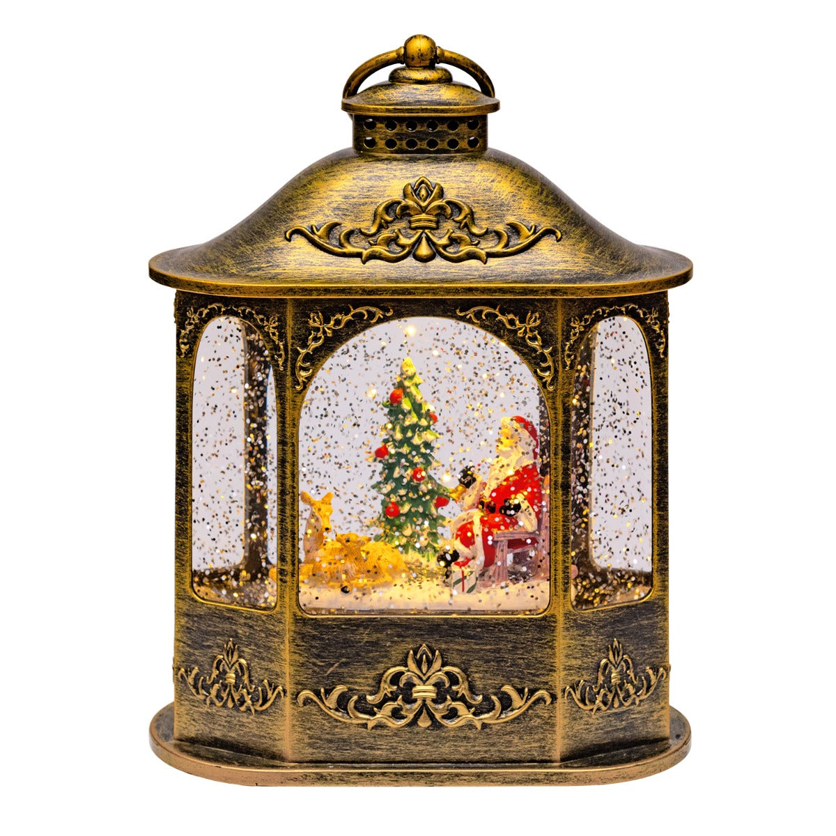 LANTERNA BRUNITA LUMINOSA CON ANELLO E BABBO NATALE CON RENNE H28CM